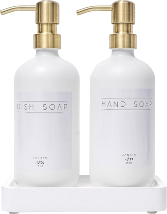 Glass Soap Dispenser for Kitchen with Stainless Steel Pump and Wood Tray, Modern Bathroom Dispenser with Waterproof Labels for Hand, Dish Soap, Lotion(White Bottles+Gold Pumps)
