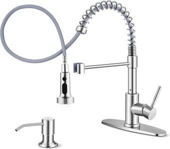 Kitchen Faucet Brushed Nickel with Pull Down Sprayer & Soap Dispenser, Stainless Steel Spring Faucets with Deck Plate 1 or 3 Hole, High Arc Commercial Sink Faucet for Farmhouse Laundry RV Bar