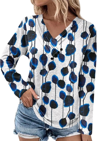 Women's Button Up Sweatshirts V Neck Long Sleeve Blouses Fall Casual Floral Print Tunic Dressy Work Shirts Tops