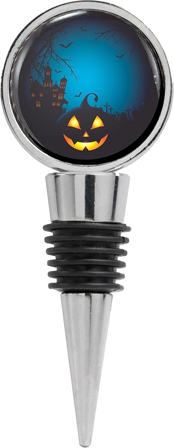Halloween Image of Jack O Lanterns Smiling in Front of Haunted Mansion Wine Stopper