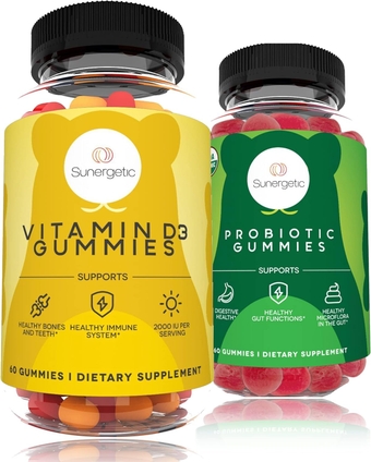Vitamin D3 Gummies Plus Probiotic Gummies - Supports Immune Health, Digestion, Regularity, Muscles & Teeth - Vitamin D3 Gummies 60 ct - Probiotic Gummies 60 ct