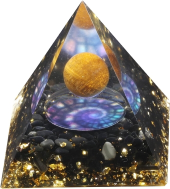 Handmade Ammonite Fossil Pattern Orgone Pyramid with Sphere Tiger’s Eye Stone, Tumbled Black Obsidian Crystal Energy Generator Home Decor for Reiki Healing