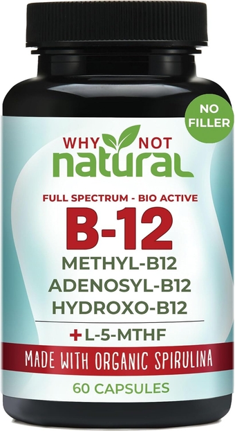 Vitamin B12 5000 mcg Supplement with Methylcobalamin, Adenosylcobalamin and Hydroxy B12 Complex with Methylfolate 1000 mcg, L-5-MTHF, Made with Organic Spirulina