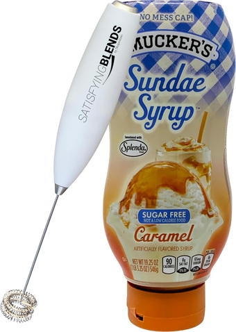 Smuckers Sugar Free Caramel Syrup Bundle with  Electric Handheld Milk Frother Wand Mini Drink Mixer Whisk Coffee Milk Foamer Lattes Tea Dessert Ice Cream Syrup SugarFree Caramel 19.25 oz
