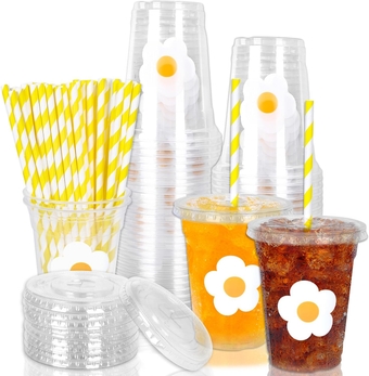 50Pcs Flowers Disposable Plastic Cups with Lids and Straws 12oz White Floral Party Cups Cold Beverage Drinking Cups for Spring Summer Wedding Birthday Baby Shower Favor Supplies