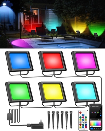 RGB Flood Light Outdoor 60W, Smart WiFi RGBW Color Changing Landscape Lights 2 in 1, Dreamcolor IP66 APP Control Pathway Lights Work with Alexa, Music Sync for Garden, Yards, 6 Pack