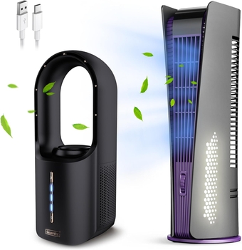 Portable Tower Fan, Bladeless Desk 16 Inch 10000mAh Battery Operated Rechargeable Fan Oscillating Standing Fan with 3 Speeds Timer LED Light, Small Personal Quiet Table Fans for Bedroom, Gray