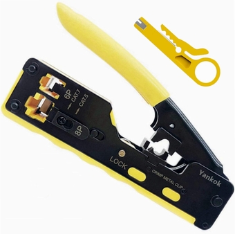 [CAT5 CAT6 CAT7 Pass Through Crimper] for RJ45 RJ12 RJ11 Pass-Thru Regular and Shielded Unshielded Network Connectors Crimp and Cut (HT7088 Yellow. Come with Cable Stripper Cutter)