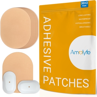Waterproof Dexcom G6 Adhesive Patches – 30 Pack Sensor Covers for Dexcom G6 + 2 Reusable Caps as Sensor Shield, Truly Bump-Proof, 10-14 Days Long-Lasting Medical Adhesive (Beige)