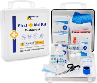 Class B Restaurant First Aid Kit - OSHA Compliant - Emergency Plastic Box - Rubber Sealed - Includes Blue Bandages and Burn Care Supplies - Essentials for Work or Restaurant - 139 Pieces