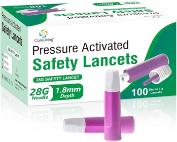 Safety Lancets, Sterile, Pressure Activated, 100 Count, Single-Use, Gentle for Comfortable Testing (28 G)