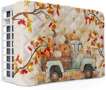 Thanksgiving Fall Indoor Air Conditioner Cover for Window Units, Double Insulation Adjustable Waterproof Indoor AC Cover with Elastic Straps Autumn Truck Harvest Pumpkins Leaves 17'' x 13'' x 3.5''