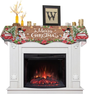 Christmas Mantel Scarf for Fireplace,Christmas Farmhouse Truck Snowman Xmas Tree Mantel Shelf Top Scarves Runner Mantel Cover XMAS Fireplace Decoration for Home Room Holiday,Poinsettia Ball Decor