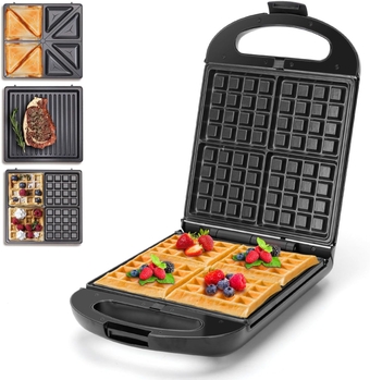 Sandwich Maker 3 in 1,   4 Slice Waffle Maker 1200W Panini Press Grill with Non-stick Plates, Double-Sided Heating, Indicator Lights, Cool Touch Handle, Easy to Use & Clean, Black