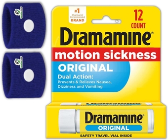 Motion Sickness Relief Bundle. Includes Dramamine Original Formula Motion Sickness Relief Tablets for Nausea, Dizziness & Vomiting - 12ct Anti Nausea Wristbands