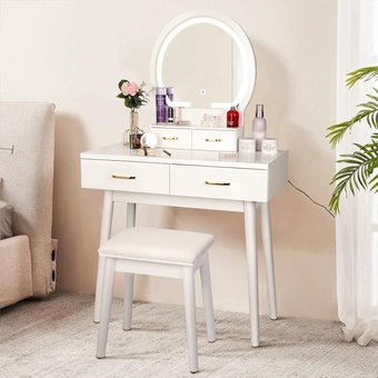 Vanity Desk with Lighted Mirror - 3 Color Lighting Modes Adjustable Brightness, 4 Drawers Makeup Table with Soft Cushioned Stool for Bedroom Studio, White