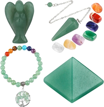 Green Aventurine Healing Crystals Set, 7 Chakra Bracelet, Palm Stones, Pendulum, Pocket Guardian Angel, Pyramid Meditation Kits for Reiki,Balancing