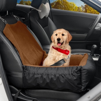 Dog Car Seat, Pet Car Seat with Storage Pockets and Clip-On Safety Leash, Washable Coral Fleece Dog Booster Seat for Small Medium Dogs, Small Dog Car Seat for Travel Dog Car Bed (Brown)