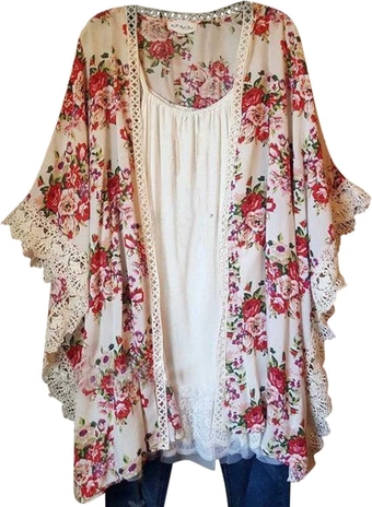 Cute Tops For Women Going Out Summer Floral Ruffle Sleeve Kimono Open Front Cardigan Casual Lace Capes Blouse Tops