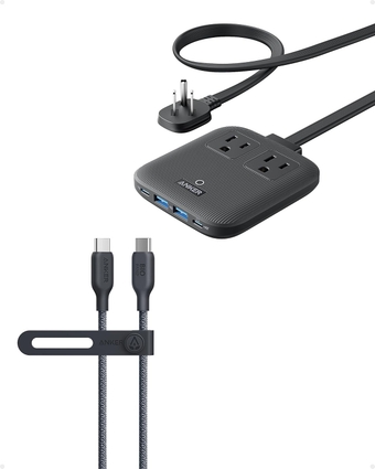 USB C to USB C Cable (240W, 3 ft), Bio-Braided USB C Charger Cable, Nano Charging Station, 6-in-1 USB C Power Strip 67W Max with Flat Plug and 5 ft Thin Extension Cord, 2 AC, 2 USB A, 2 US