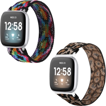 2-pack Compatible with Fitbit Versa 3 Bands Scrunchie Replacement for Fitbit Sense Elastic Strap Fabric Nylon Fashion Wristband Women Men Large Size (Boho Colorful+Cheetah)