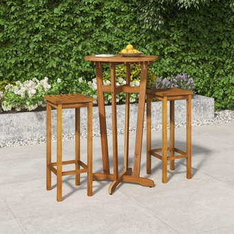 3 Piece Patio Dining Set Solid Wood Acacia, Wooden Outdoor Tabel and Chairs Set for 2 with Round Table and Bar Stools with Square Seat for Garden, Backyard, Porch -3956-AA