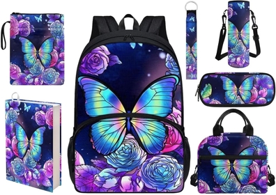 Butterfly Flower Bookbag With Lunch Box for Girls 7-10/10-12 Teen School Bag Middle High School Backpack Pencil Pouch Lunchbag Book Case Book Covers Water Bottle Holder Keychain
