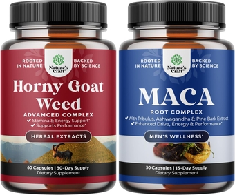 Bundle of Horny Goat Weed Extract Complex for Men and Women Enhanced Energy and Stamina and Black Maca Root Capsules for Men - Invigorating Drive Mood & Energy Booster for Men
