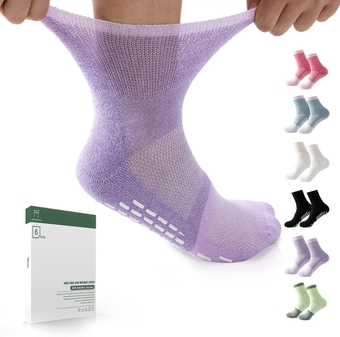 Diabetic Socks with Grippers for Women&Men-6 Pairs Non Binding Diabetic Ankle Socks Size 6-9|9-11,Wide Socks with Seamless Toe(Large,Bright Colors-6 Pairs)