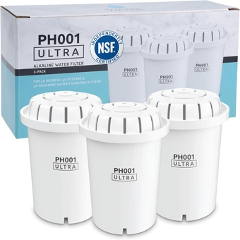 PH001 Ultra Alkaline  Filter – Replacement  Filters for Pitchers – pH  Filter Cartridge – For Alkaline  Filter Pitcher, 300 Gallon Capacity (3-Pack White)
