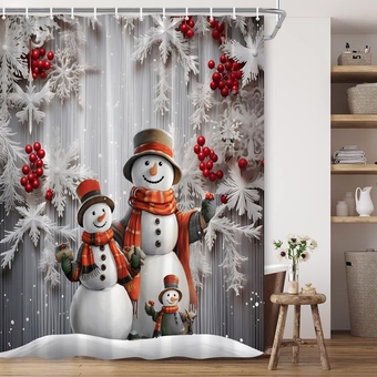 Merry Christmas Shower Curtain Snowman Family Snowflake Silver Fir Red Berry Winter Rustic Barn Wooden Xmas Holiday Polyester Fabric Bathroom Decor 70×70 Inch with Hook