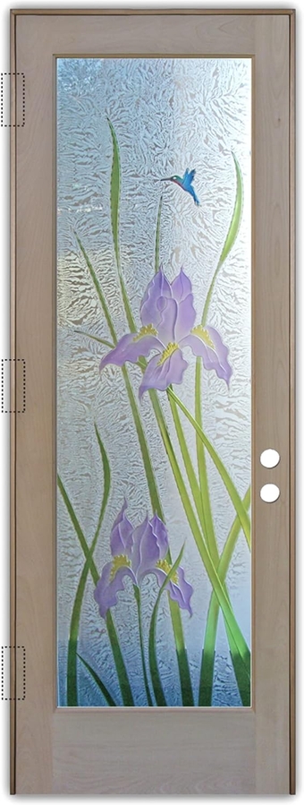 Frosted Glass Front Door - Iris Hummingbird - 3D Enhanced Painted Gluechip - Floral - 36" x 96" - Knob on Right - Push Open - Alder Clear