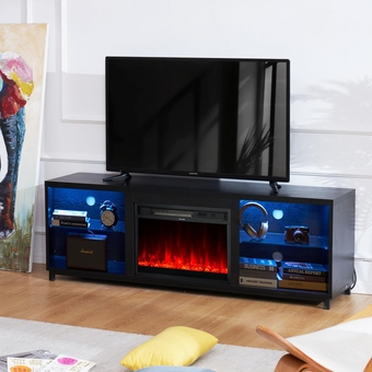 68 Inch Modern Fireplace TV Stand for TV up to 78 Inch for Living Room, TV Cabinet with 3D Electric Fireplace, Wood Storage TV Console, Media Entertainment Center with Cable Holes，Black