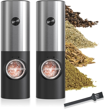Electric Salt and Pepper Grinder Set Battery Powered with LED Light Adjustable 5 Levels of Coarseness Pepper Grinder Mill with Stand, Automatic Grinding for Kitchen Gadgets (2 Pack)