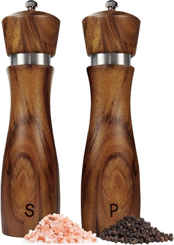 2 Pack Salt and Pepper Grinder Set, Acacia Wood Salt Shaker with Ceramic/Stainless Steel Core, Modern and Elegant Wooden Salt and Pepper Set