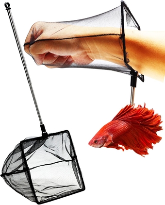 Aquarium Betta Fish Net Protect Delicate Fin, Soft Fine Deep Mesh Scooper w/Sturdy Extendable 7~14 Inch Stainless Steel Long Handle for Shrimp Fish Tank Small Pond & Pool