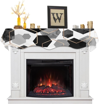 Modern Geometric Black Grey Fireplace Mantle Scarf, Fireplace Scarf Cover Mantel Shelf Top Scarf Runner Abstract Gold Lines Nordic Art Mantel Cover Fireplace Decoration for Holiday Living Room 90"x17"
