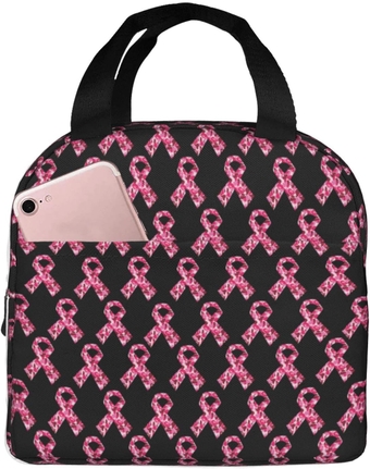 Insulated Lunch Bag Breast Cancer Ribbon Pattern Reusable Cooler Lunch Tote Box For Women Men