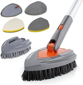 Tub Tile Scrubber Brush 4-in-1 Shower Scrubber with 50.7'' Extendable Long Handle,Hard and Soft Bristles,Scrub Spong...