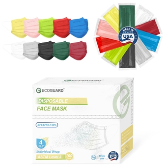Made in USA Face Masks Disposable 100 Pack, 4 Ply 10 Colors Individually Wrapped Face Mask Colorful Breathable Comfortable Disposable Masks for Adults Men Women