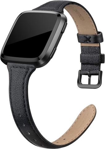 Leather Bands Compatible with Fitbit Versa 2 / Fitbit Versa Lite & SE/Fitbit Versa, Slim Thin Genuine Leather Replacement Strap for Versa Women (5.5" - 7.9"), Black, Champagne, Rose Gold, Tan
