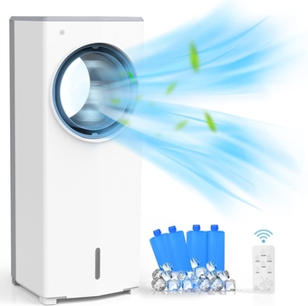 Evaporative Air Cooler, Portable Swamp Cooler, Bladeless Fan, Multifunctional Air Cooler with 6 Ice Boxes, 2 FT Remote, 4 Modes, 1.3 Gallon Water Tank, Timer, Air Cooler for Room Home Office