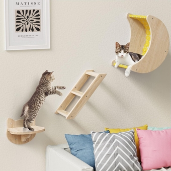 Cat Shelves and Perches for Wall 3Pcs, Solid Wood Indoor Cats Furniture, Cat Hammock Cat Wall Shelves with 3 Steps, for Sleeping, Playing, Climbing, and Lounging, Holds up to 33 lbs