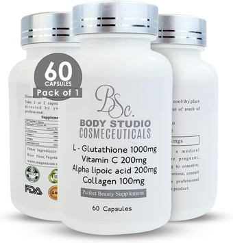 Body Studio Cosmeceuticals Glutathione Pills - 2000mg Glutathione per Serving - Best Antioxidants Supplements That Improves Skin Health,60 Vegan softgel Pills
