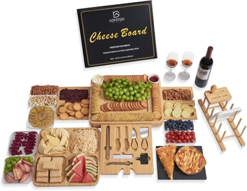 Lovitgo Charcuterie Board Gift Set, 29 PC Bamboo Cheese Board Serving Trays with 8 Ceramic Plate, Large Charcuterie Board, Unique Mothers Day Gifts, House Warming Gift, Bridal Shower Gift