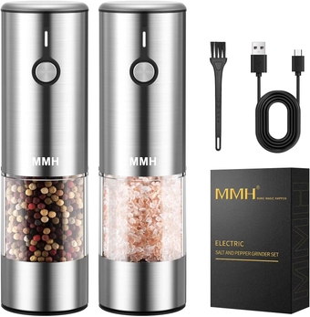 [Upgraded 66g Large Capacity] Electric Salt and Pepper Grinder Set USB Rechargeable with 6-Level Adjustable Coarseness Stainless Steel Automatic Salt n Pepper Mill Grinders Refillable with light