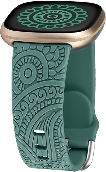 Floral Engraved Bands Compatible with Fitbit Versa 4/Versa 3/Sense 2/Sense Band, Sport Solo Loop Silicone Boho Flower Fancy Cute Fashion Strap for Women Men, Green