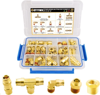 38PCS Brass DOT Air Line Fittings Assortment Kit, 1/4" 3/8" 1/2" Dot Push to Connect Air Fittings Air Brake Fittings Repair Kit for Trucks Air System or Industrial