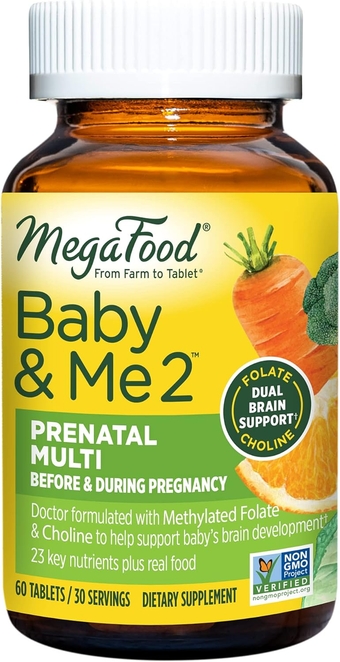 Baby & Me 2 Prenatal Vitamin and Minerals - Vitamins for Women - with Folate (Folic Acid Natural Form), Choline, Iron, Iodine, and Vitamin C, Vitamin D and more - 60 Tabs (30 Servings)
