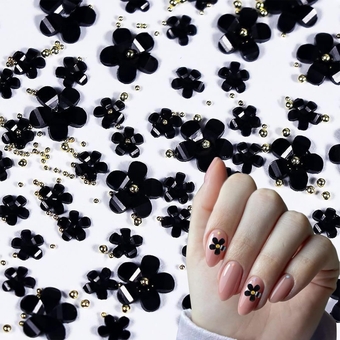 200PCS Black Flower Nail Charms with Gold Pearl Beads Resin Mixed Size Cherry Blossom Nail Rhinestones Black Petal Nail Gems Spring Floral Nails Jewelry Nail Accessories Nails Supplies for Women DIY